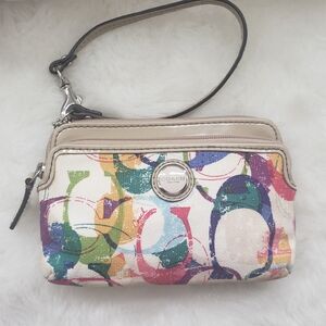 Coach Multicolor 'C' Print 2 Pocket Wristlet with Beige Trim